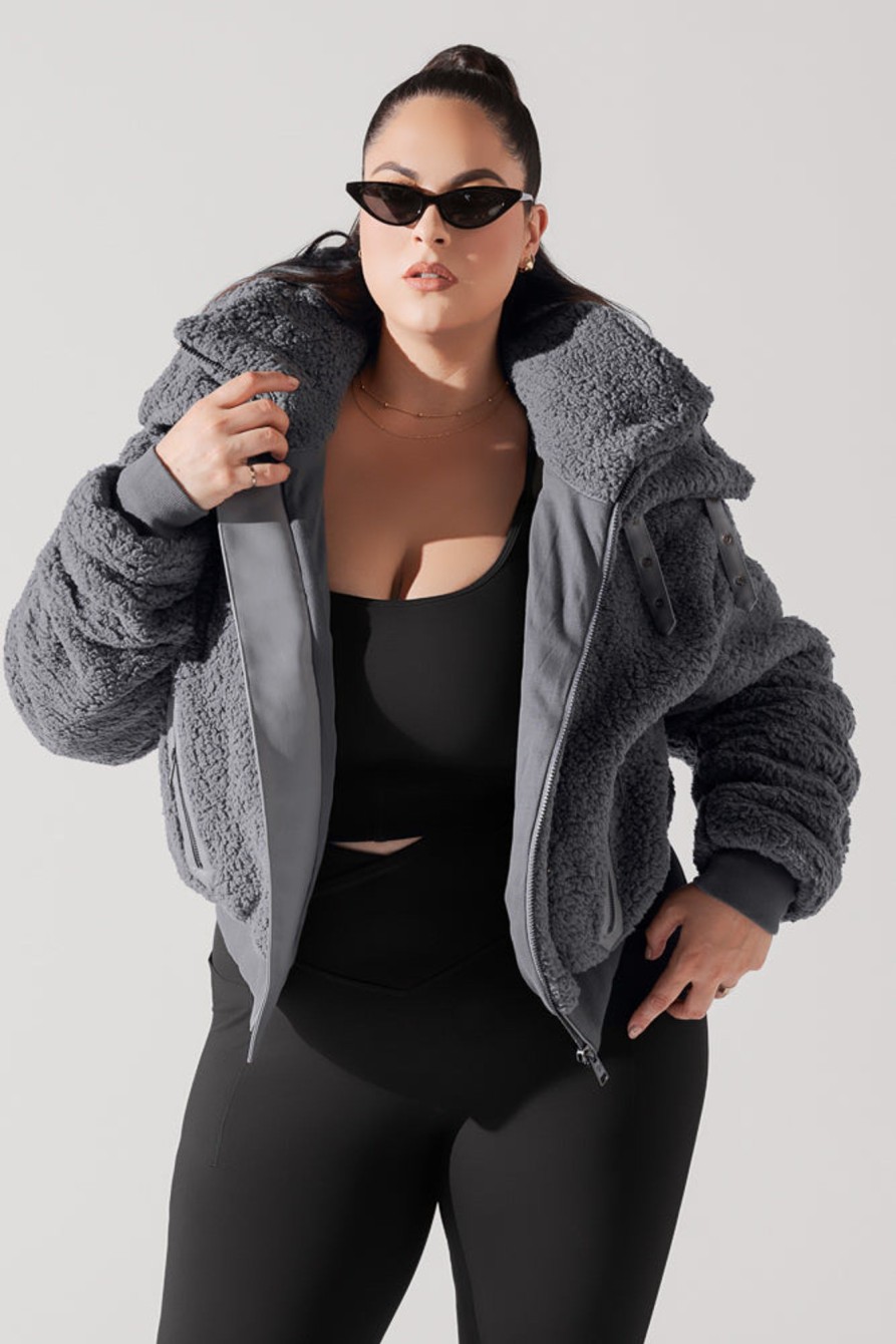 Tops POPFLEX | The Kinsley Bomber Jacket In Faux Sherpa - Grey