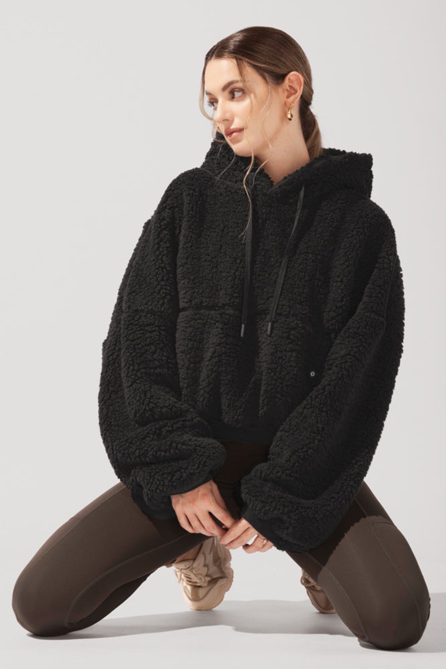 Tops POPFLEX | Faux Sherpa Pullover Cloud Hoodie - Black