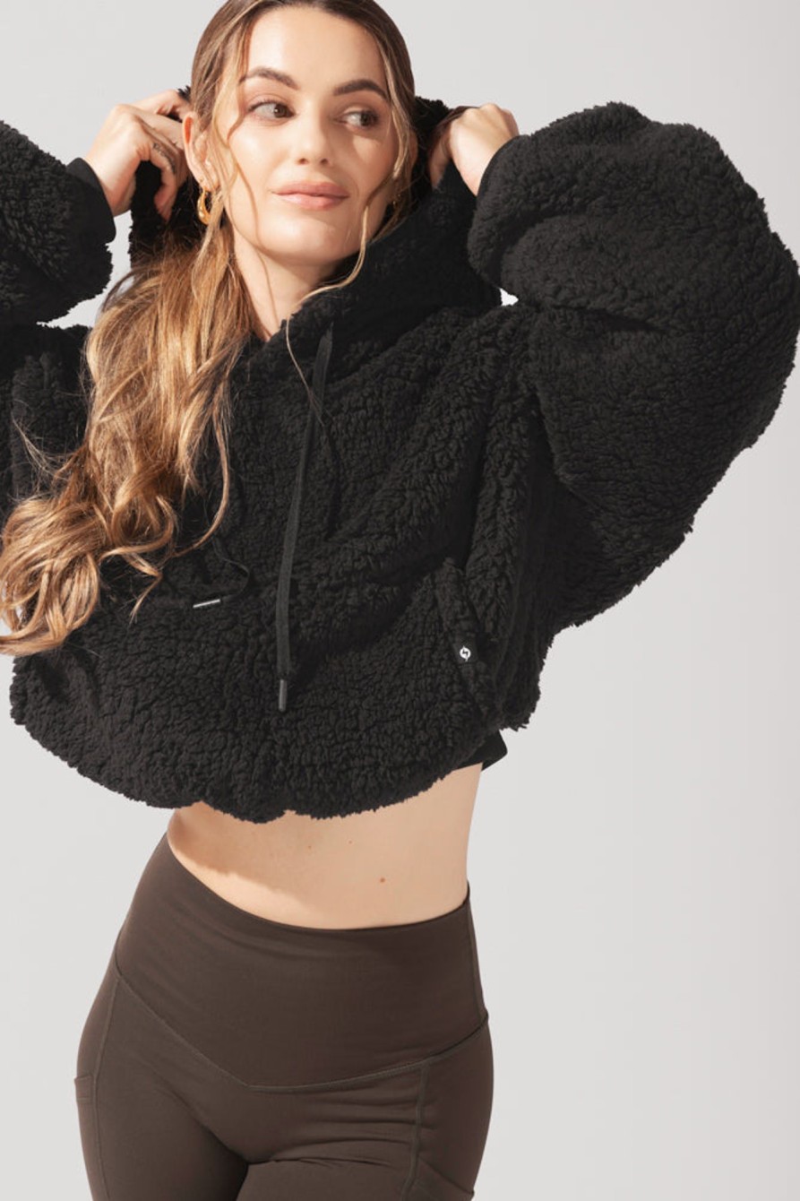 Tops POPFLEX | Faux Sherpa Pullover Cloud Hoodie - Black