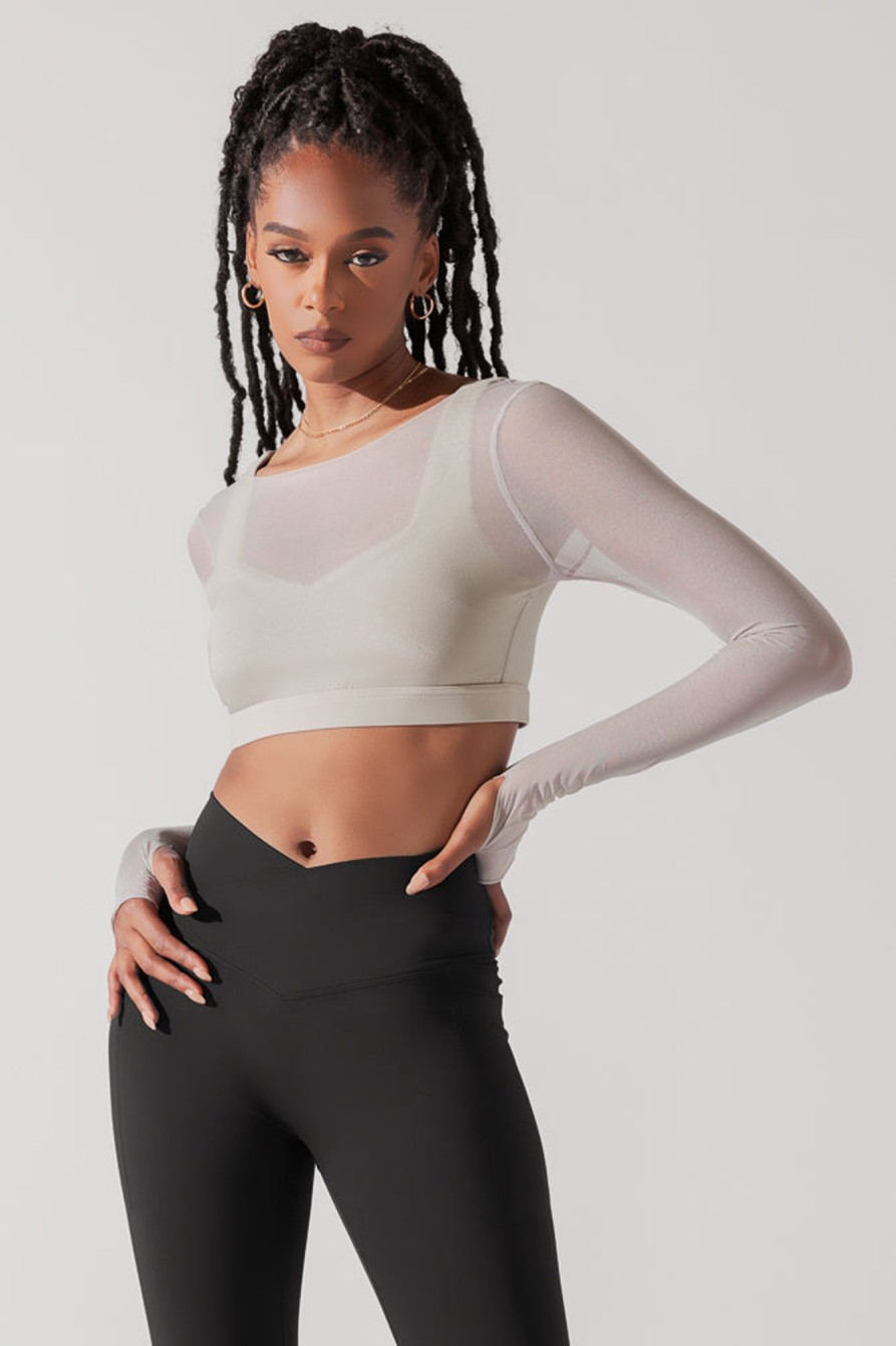 Tops POPFLEX | Coquette Long Sleeve Mesh Bra - Grey Pearl