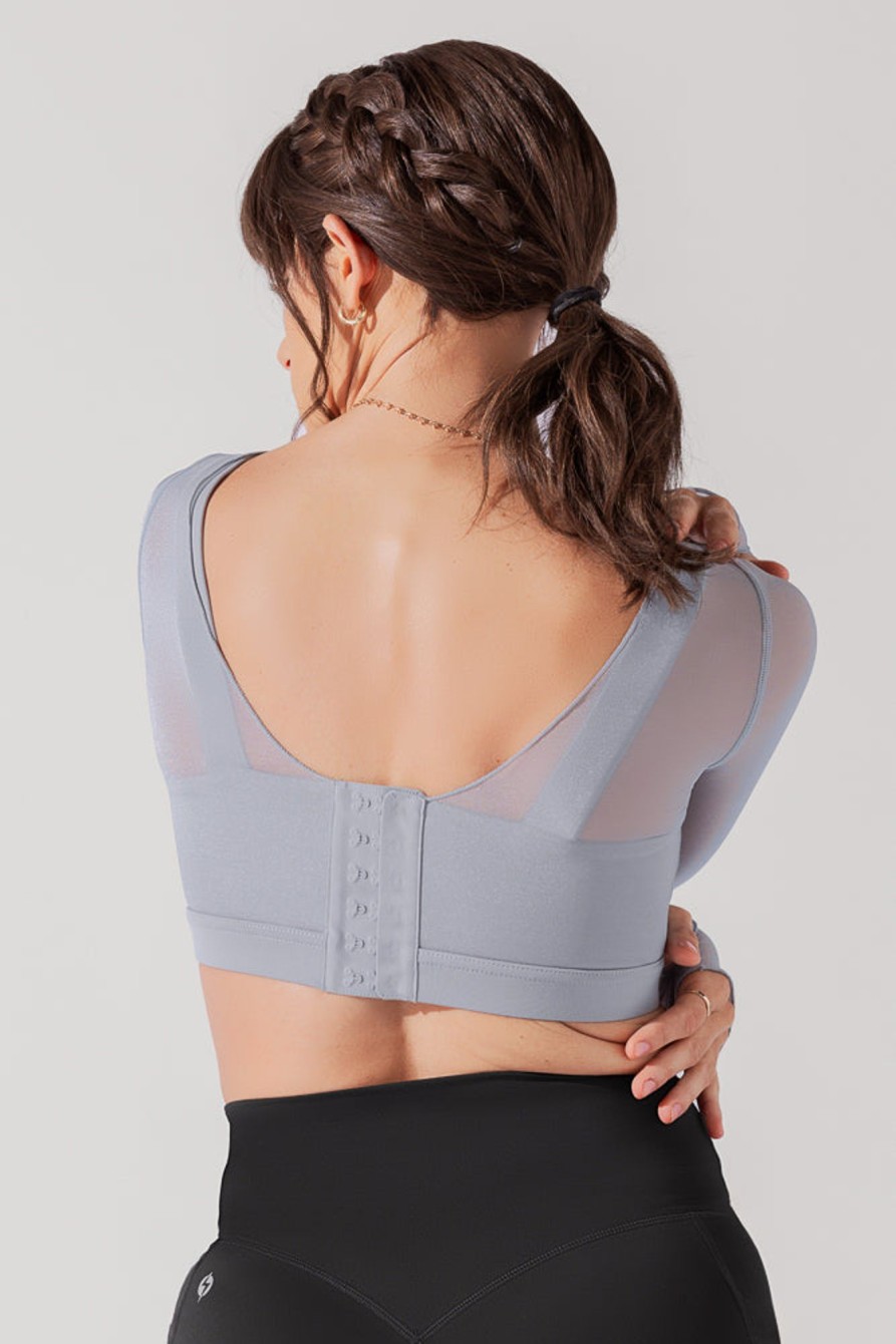 Tops POPFLEX | Coquette Long Sleeve Mesh Bra - Blue Stone