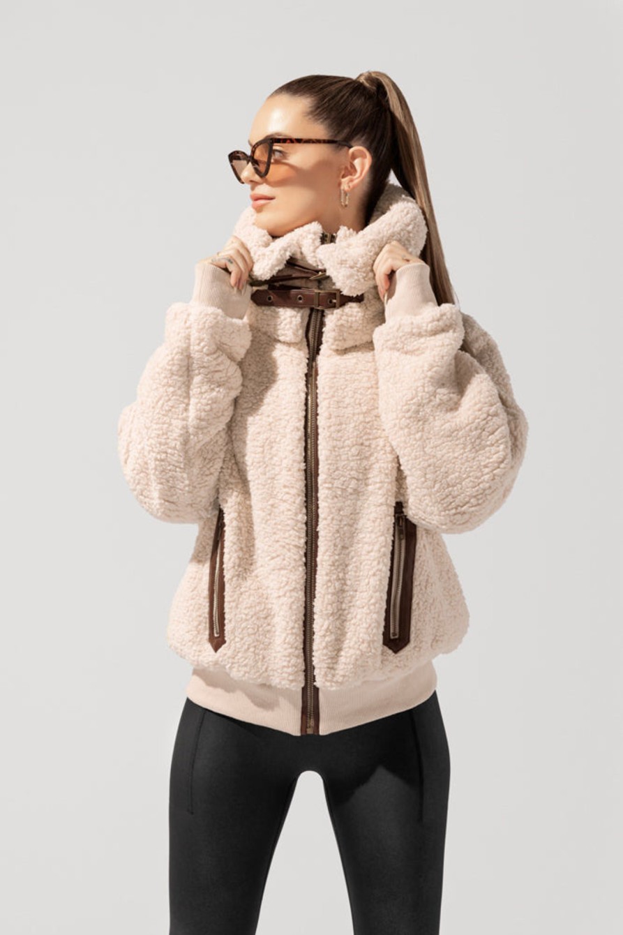 Tops POPFLEX | The Kinsley Bomber Jacket In Faux Sherpa - Taupe