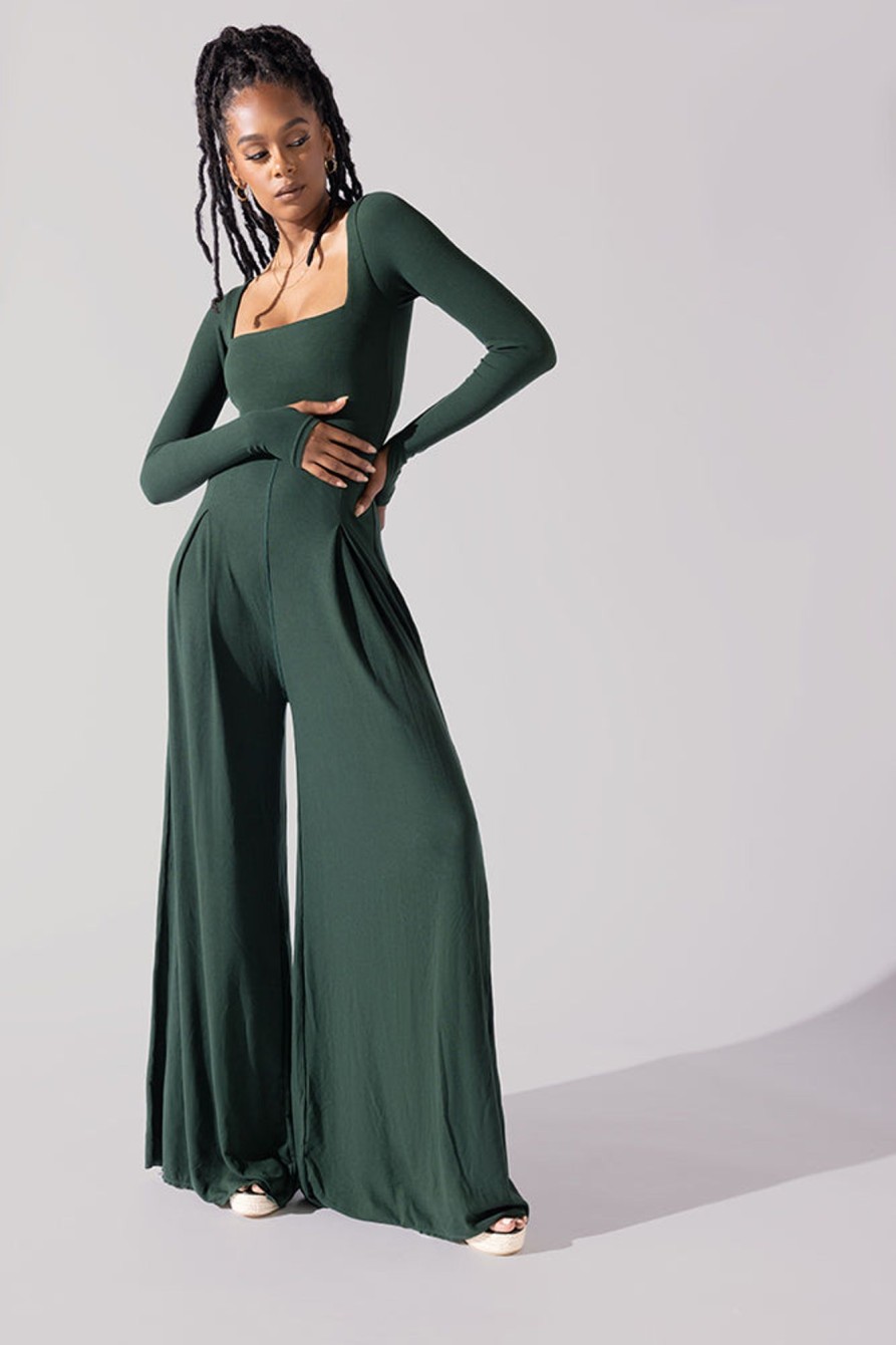 & More Clothing POPFLEX | Go With The Flow Long Sleeve Jumpsuit - Pine