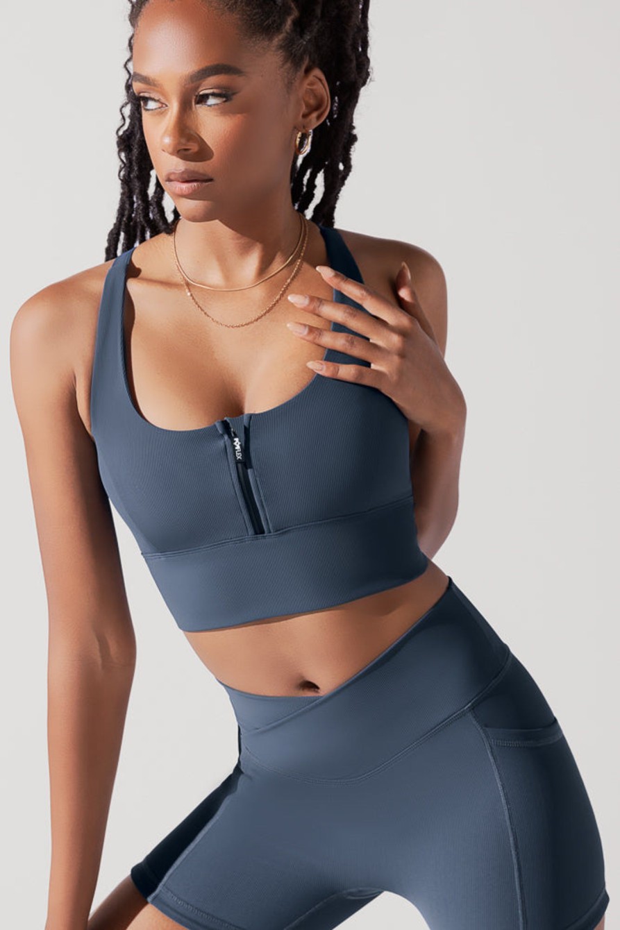 Tops POPFLEX | Energy Half Zip Crop Top (Ribbed) - Navy