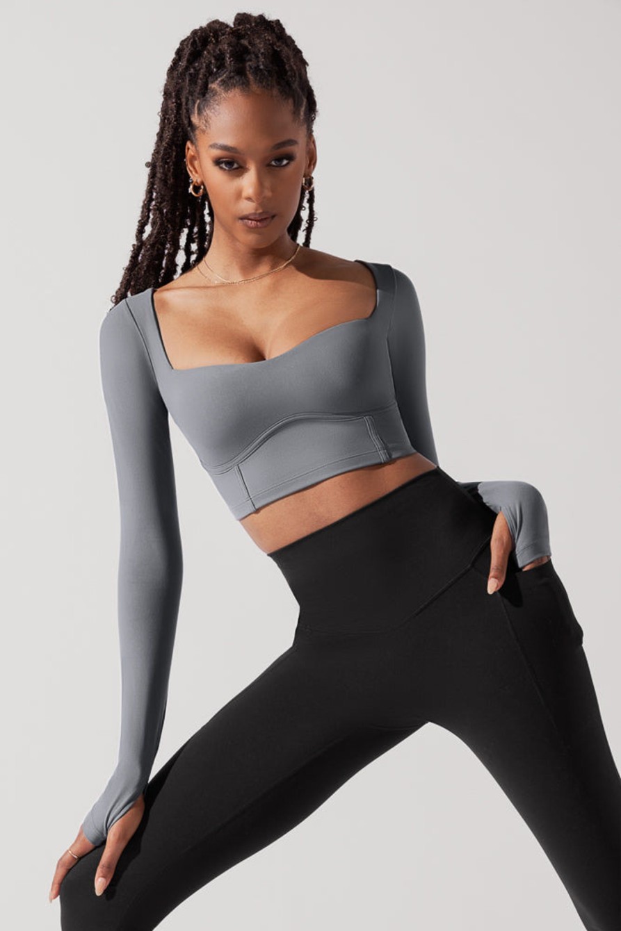 Tops POPFLEX | Sweetheart Long Sleeve Crop Top - Cloudy Grey