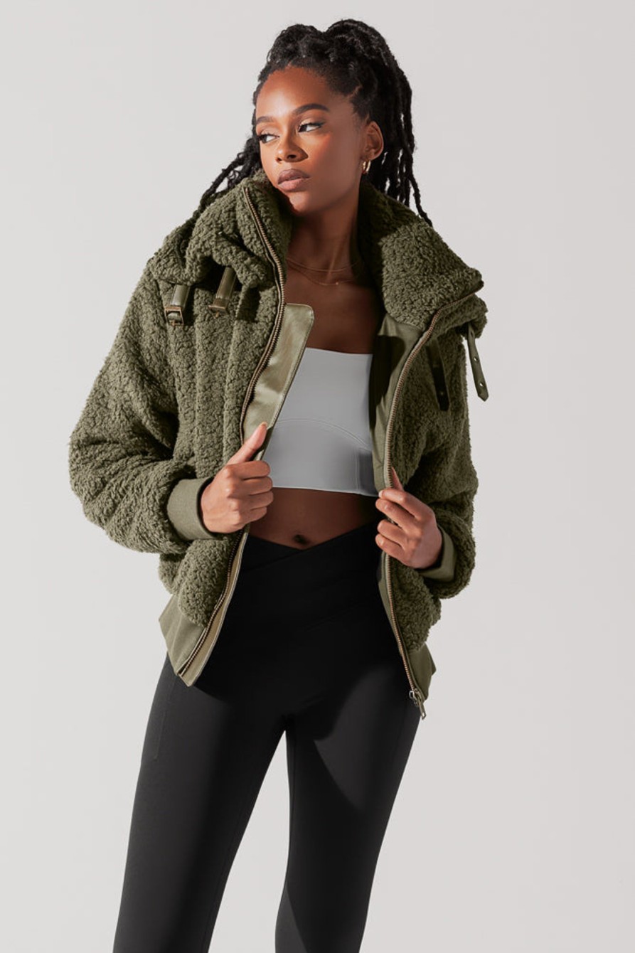 Tops POPFLEX | The Kinsley Bomber Jacket In Faux Sherpa - Olive