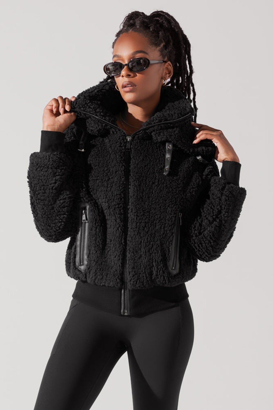 Tops POPFLEX | The Kinsley Bomber Jacket In Faux Sherpa - Black