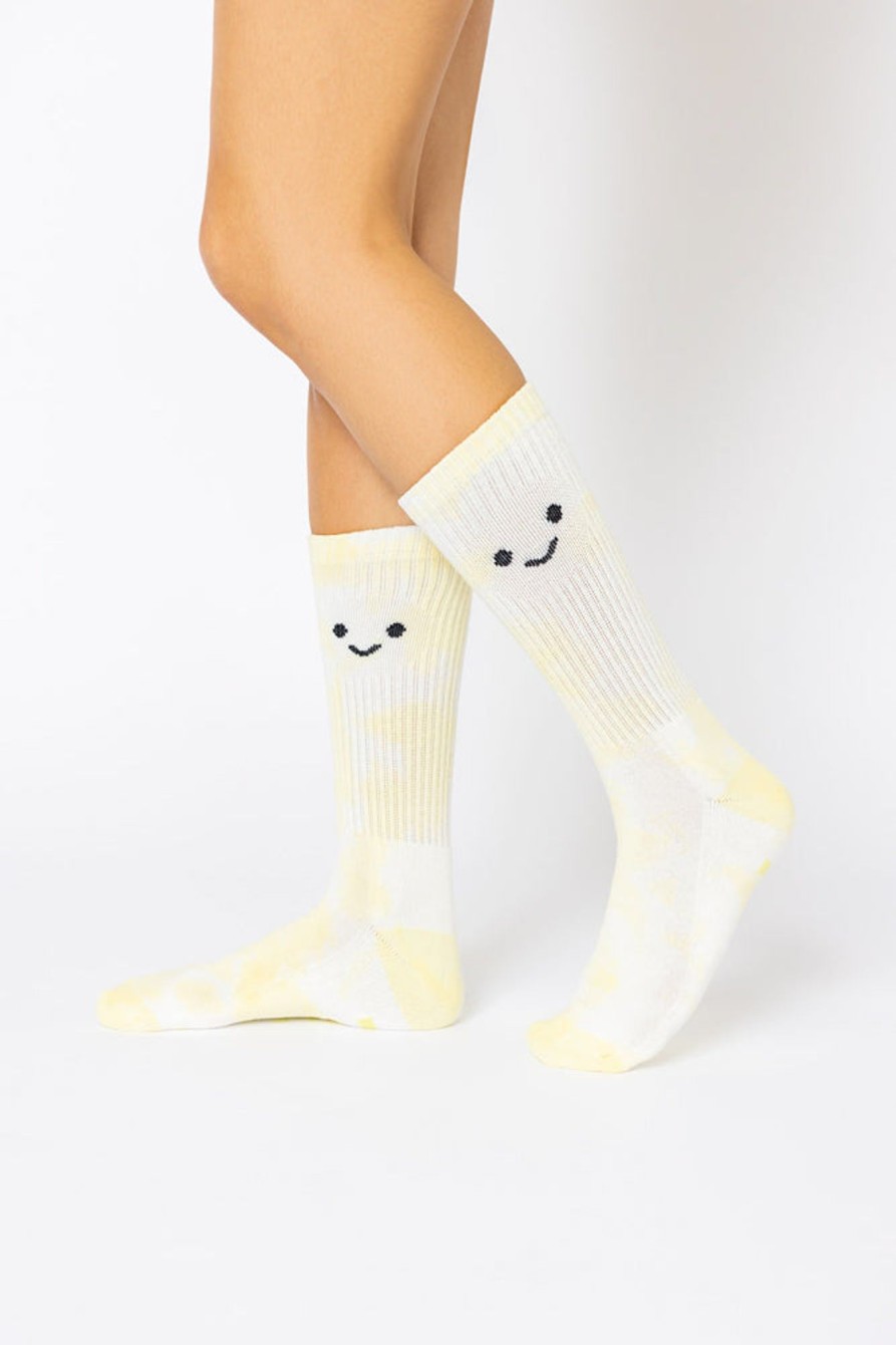 Accessories POPFLEX | Happy Face Mid-Calf Gym Socks - Yellow Tie Dye