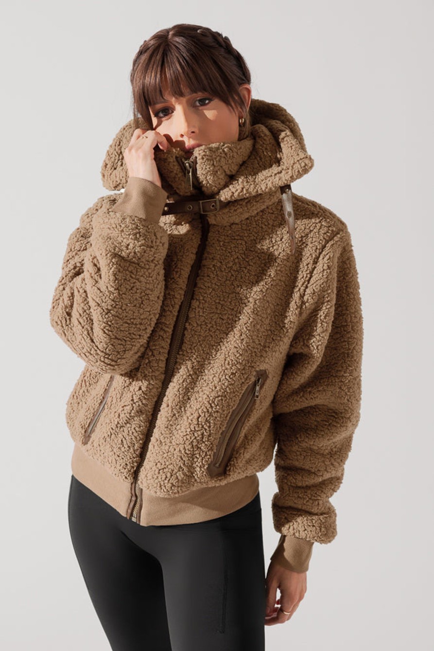 Tops POPFLEX | The Kinsley Bomber Jacket In Faux Sherpa - Teddy Bear Brown