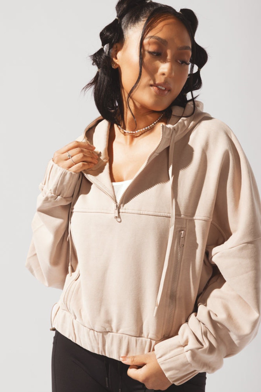 Tops POPFLEX | Half Zip Warm Up Hoodie - Latte